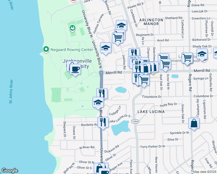 map of restaurants, bars, coffee shops, grocery stores, and more near 2695 University Boulevard North in Jacksonville