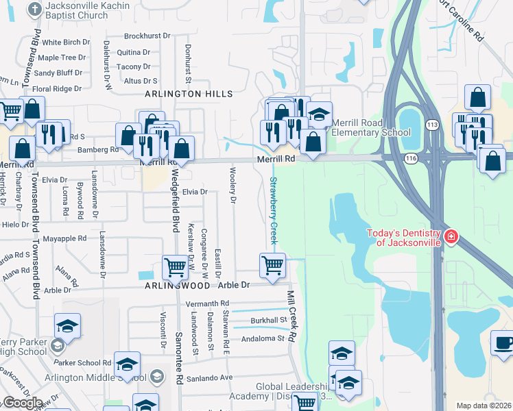 map of restaurants, bars, coffee shops, grocery stores, and more near 7920 Merrill Road in Jacksonville