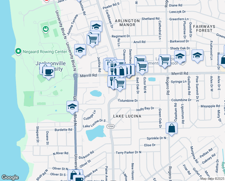 map of restaurants, bars, coffee shops, grocery stores, and more near 2640 Cesery Boulevard in Jacksonville