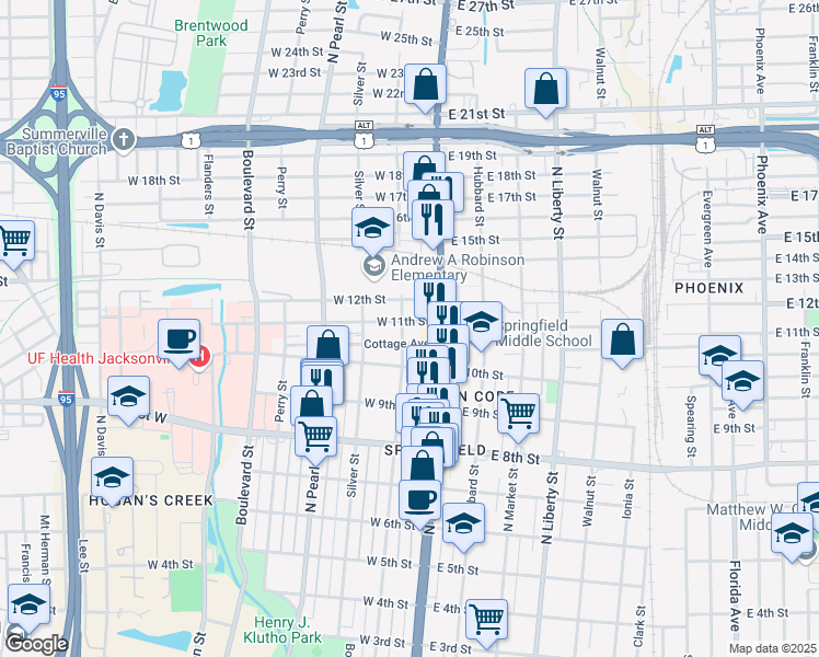 map of restaurants, bars, coffee shops, grocery stores, and more near 2048 North Laura Street in Jacksonville