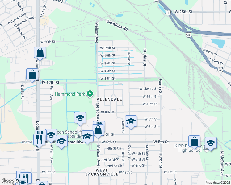 map of restaurants, bars, coffee shops, grocery stores, and more near 2107 Prospect Street East in Jacksonville