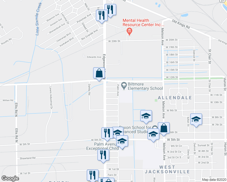 map of restaurants, bars, coffee shops, grocery stores, and more near 3532 Bougainvillea Street in Jacksonville