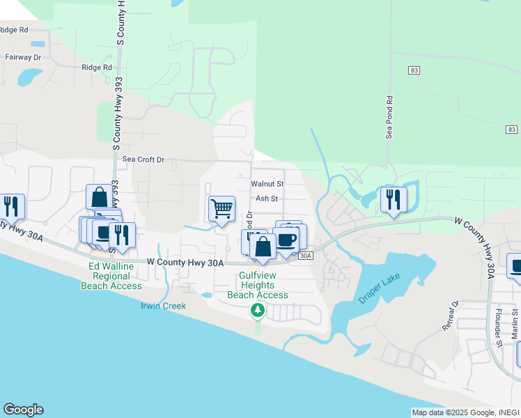 map of restaurants, bars, coffee shops, grocery stores, and more near 41 Bramble Street in Santa Rosa Beach