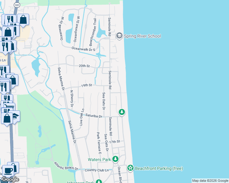 map of restaurants, bars, coffee shops, grocery stores, and more near 1964 Beachside Court in Atlantic Beach