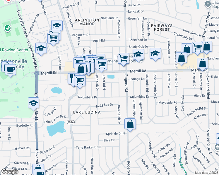 map of restaurants, bars, coffee shops, grocery stores, and more near 2529 Ector Road North in Jacksonville