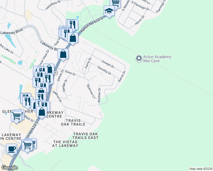map of restaurants, bars, coffee shops, grocery stores, and more near 1053 Warbler Drive in Lakeway
