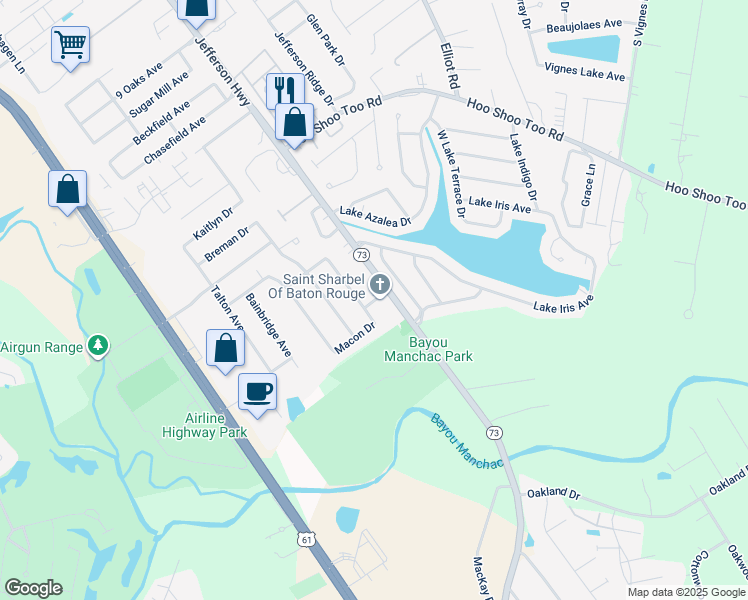 map of restaurants, bars, coffee shops, grocery stores, and more near 17801 Pecan Creek Lane in Baton Rouge