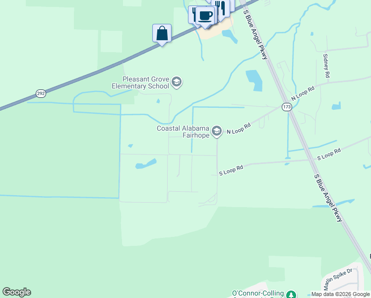 map of restaurants, bars, coffee shops, grocery stores, and more near 10445 Etheridge Road in Pensacola