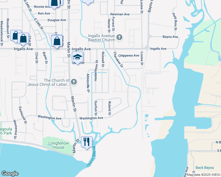 map of restaurants, bars, coffee shops, grocery stores, and more near 1202 Gallery Street in Pascagoula