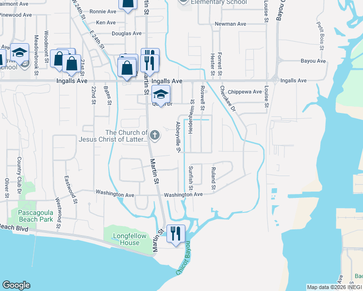 map of restaurants, bars, coffee shops, grocery stores, and more near 1204 Abbeyville Street in Pascagoula