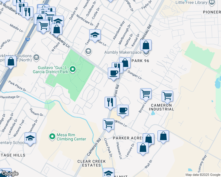 map of restaurants, bars, coffee shops, grocery stores, and more near 9210 Cameron Road in Austin
