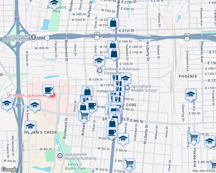 map of restaurants, bars, coffee shops, grocery stores, and more near 2048 North Laura Street in Jacksonville