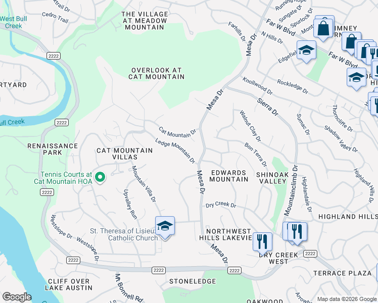 map of restaurants, bars, coffee shops, grocery stores, and more near 6201 Ledge Mountain Drive in Austin
