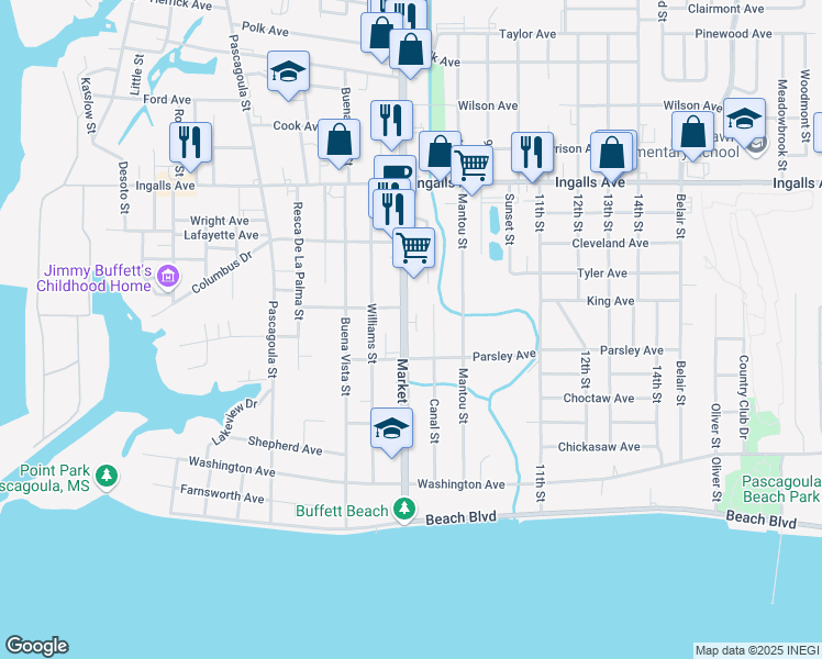 map of restaurants, bars, coffee shops, grocery stores, and more near 1310 Market Street in Pascagoula