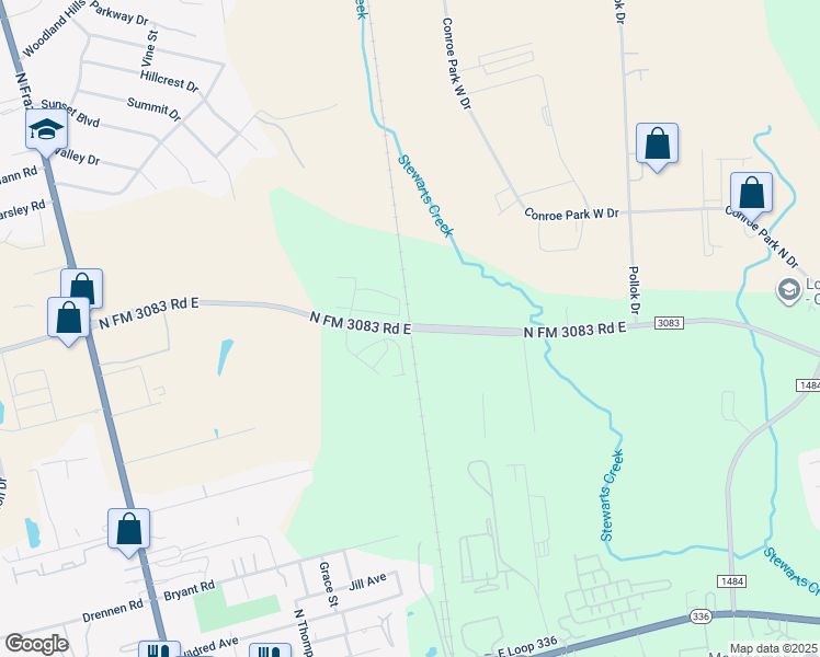 map of restaurants, bars, coffee shops, grocery stores, and more near 240 North Farm to Market 3083 Road East in Conroe