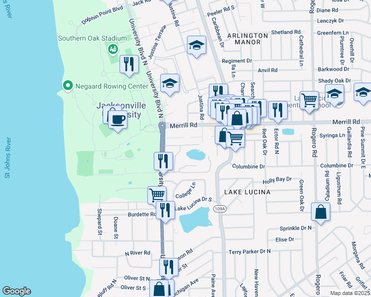 map of restaurants, bars, coffee shops, grocery stores, and more near 2691 University Boulevard North in Jacksonville