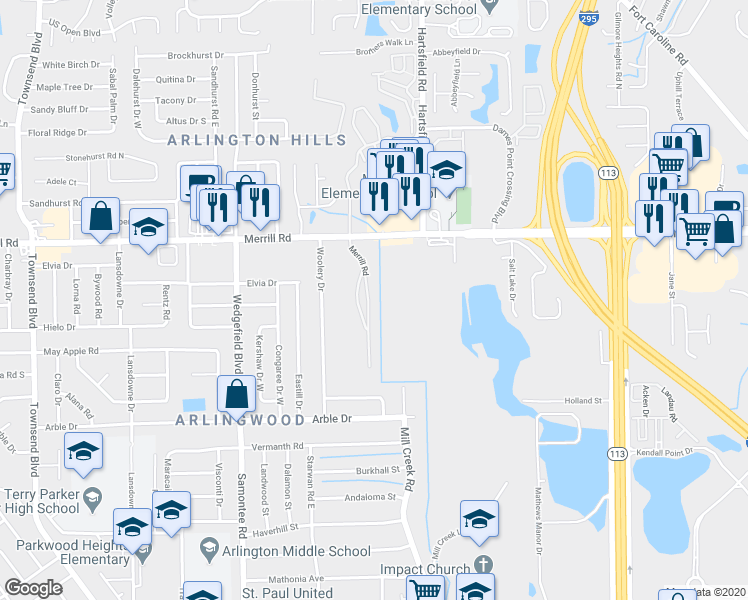 map of restaurants, bars, coffee shops, grocery stores, and more near Merrill Road in Jacksonville