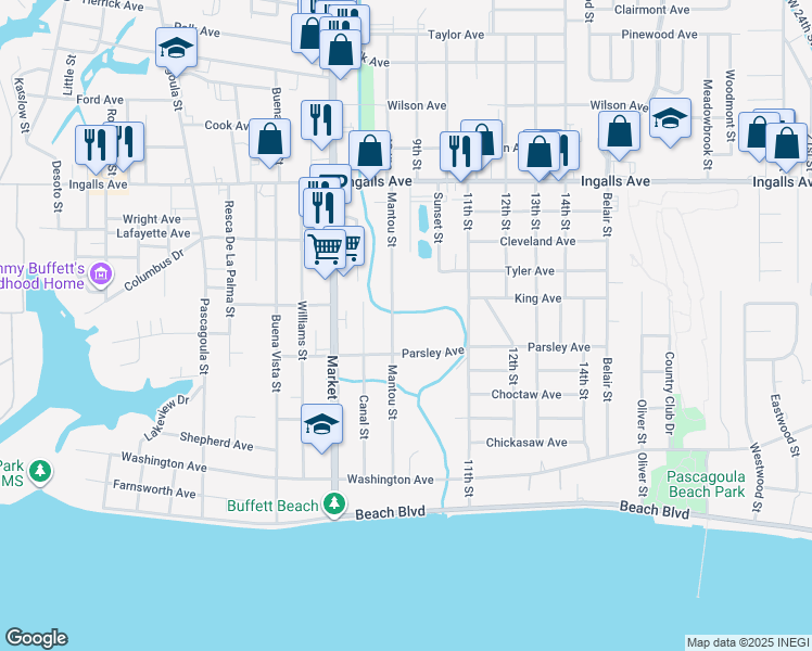 map of restaurants, bars, coffee shops, grocery stores, and more near 1903 Parsley Avenue in Pascagoula