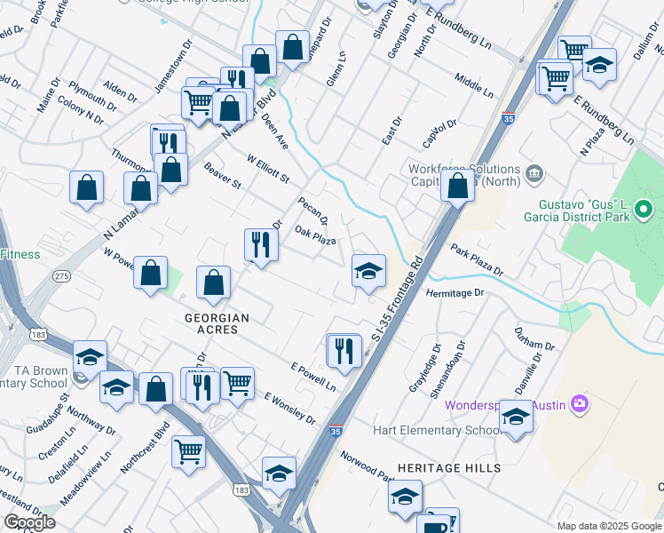 map of restaurants, bars, coffee shops, grocery stores, and more near 411 Primrose Street in Austin