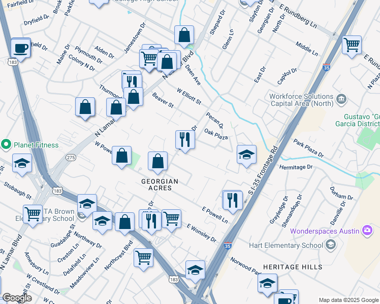map of restaurants, bars, coffee shops, grocery stores, and more near 105 Oertli Lane in Austin
