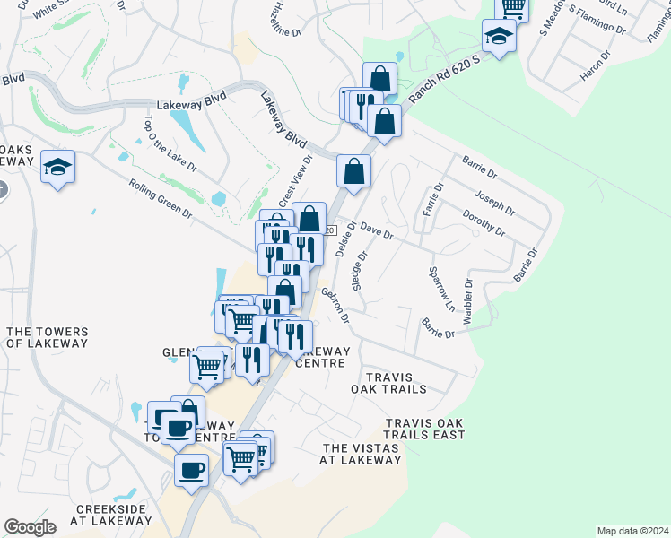 map of restaurants, bars, coffee shops, grocery stores, and more near 1310 Sledge Drive in Austin