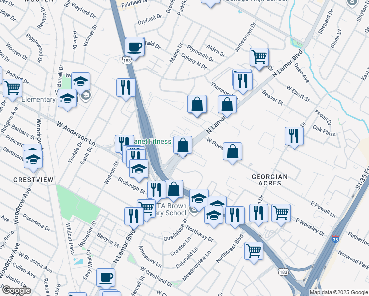 map of restaurants, bars, coffee shops, grocery stores, and more near 7892 North Lamar Boulevard in Austin