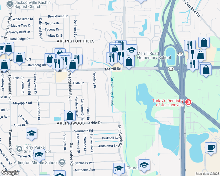 map of restaurants, bars, coffee shops, grocery stores, and more near 7920 Merrill Road in Jacksonville