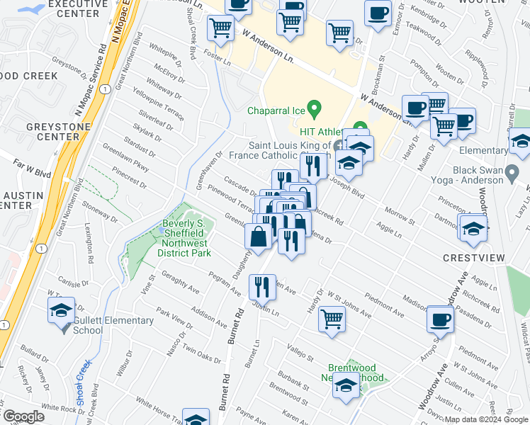 map of restaurants, bars, coffee shops, grocery stores, and more near 2500 Pinewood Terrace in Austin
