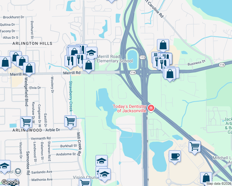 map of restaurants, bars, coffee shops, grocery stores, and more near 2614 Sunrise Ridge Lane in Jacksonville