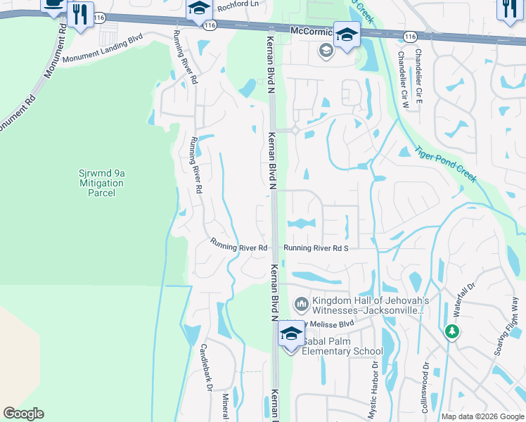 map of restaurants, bars, coffee shops, grocery stores, and more near 1351 Trotters Walk Way in Jacksonville