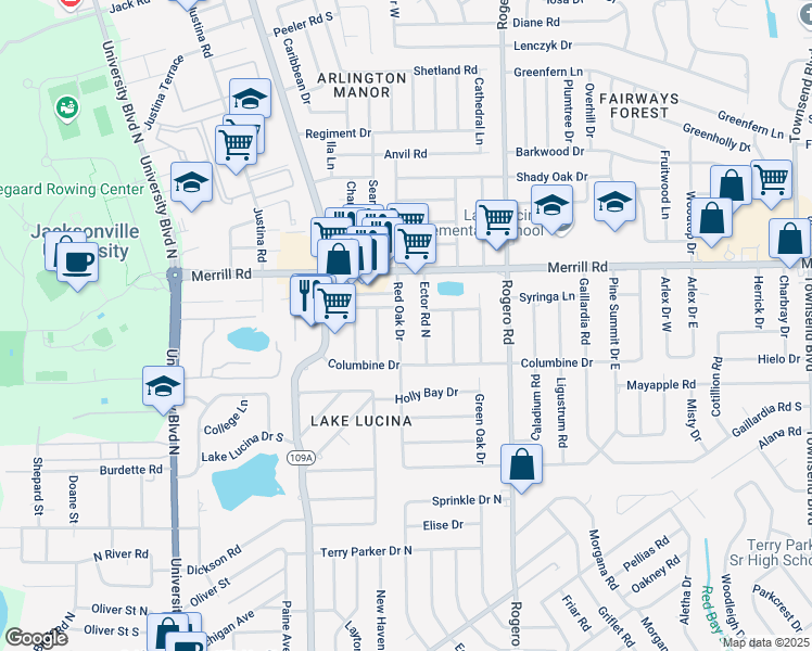 map of restaurants, bars, coffee shops, grocery stores, and more near 2540 Red Oak Drive in Jacksonville