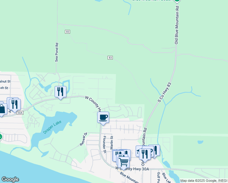 map of restaurants, bars, coffee shops, grocery stores, and more near 128 East Blue Coral Drive in Santa Rosa Beach