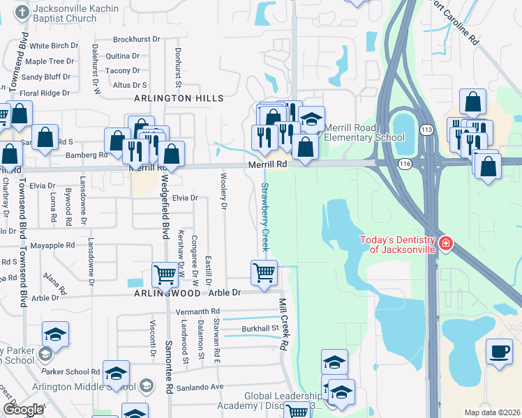 map of restaurants, bars, coffee shops, grocery stores, and more near Merrill Road in Jacksonville