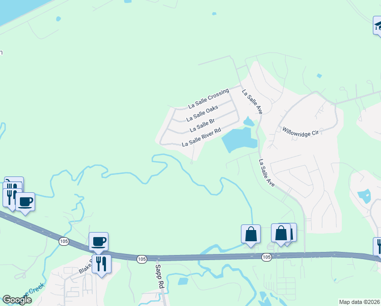 map of restaurants, bars, coffee shops, grocery stores, and more near 1995 La Salle Park Drive in Conroe