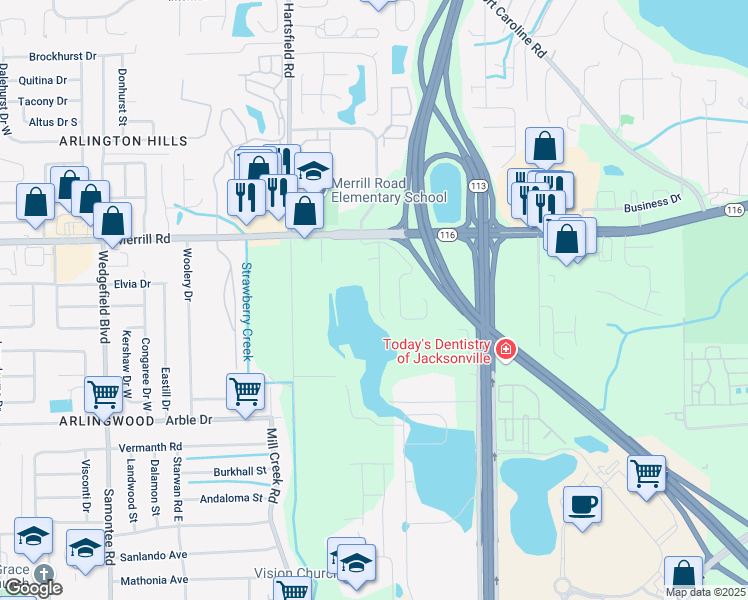 map of restaurants, bars, coffee shops, grocery stores, and more near 2619 Salt Lake Drive in Jacksonville