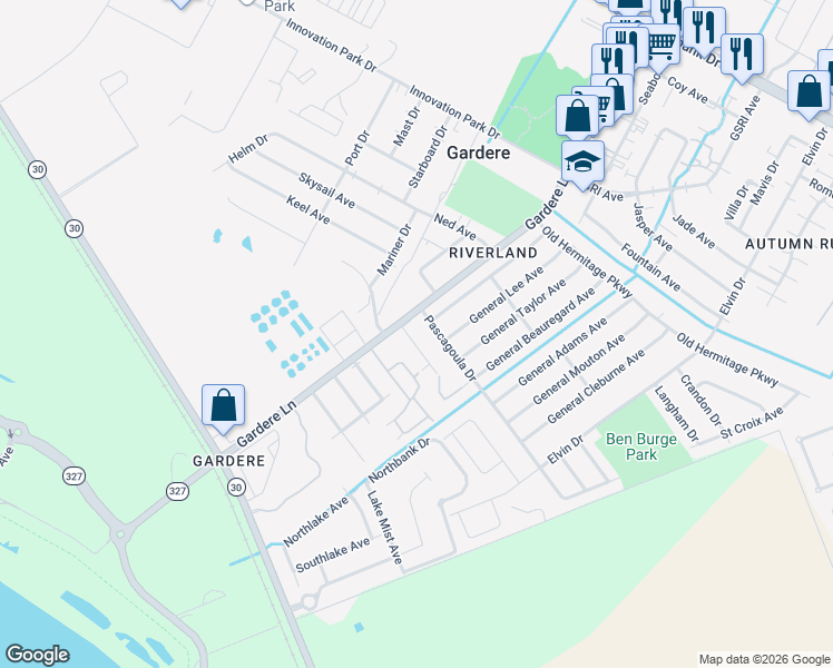 map of restaurants, bars, coffee shops, grocery stores, and more near 8551 Rush Avenue in Baton Rouge