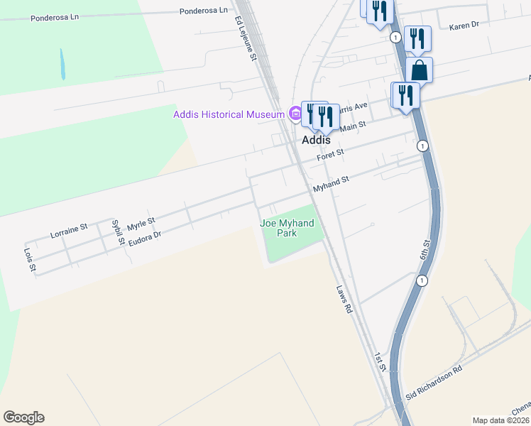 map of restaurants, bars, coffee shops, grocery stores, and more near 4543 Myhand Street in Addis