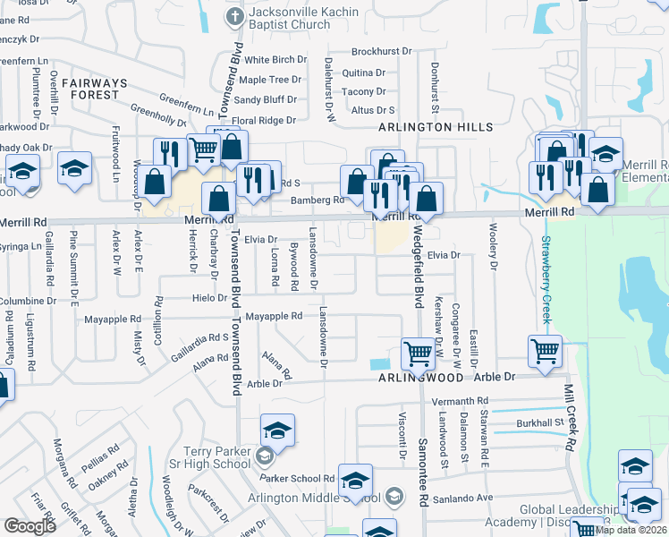 map of restaurants, bars, coffee shops, grocery stores, and more near 7420 Rentz Court in Jacksonville