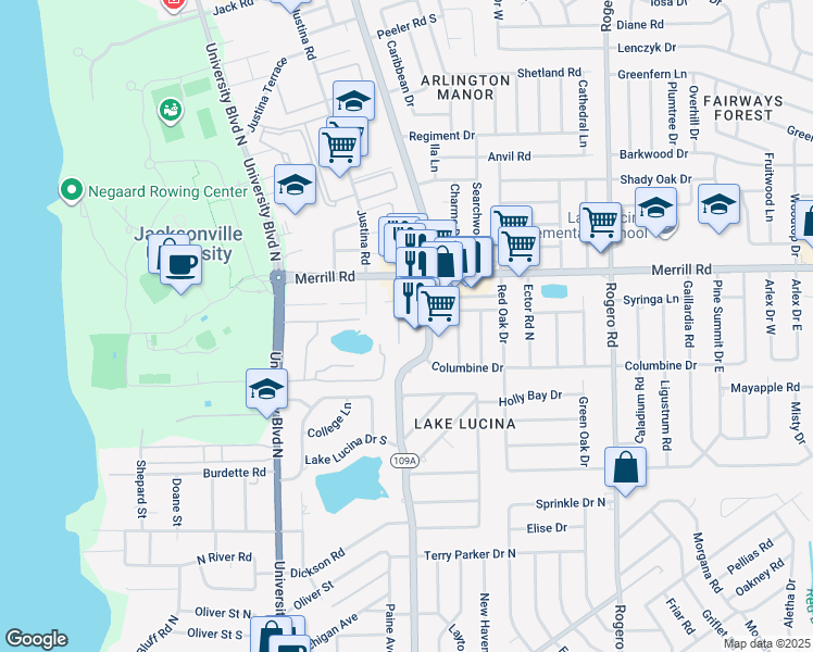map of restaurants, bars, coffee shops, grocery stores, and more near 2640 Cesery Boulevard in Jacksonville