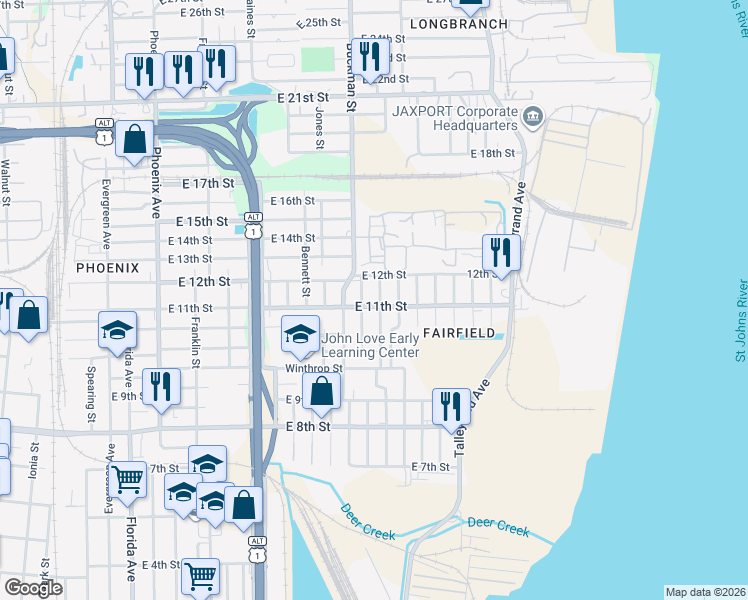 map of restaurants, bars, coffee shops, grocery stores, and more near 2069 Brackland Street in Jacksonville