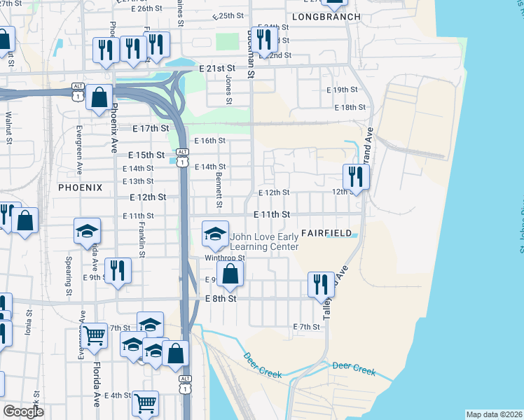 map of restaurants, bars, coffee shops, grocery stores, and more near 2069 Brackland Street in Jacksonville