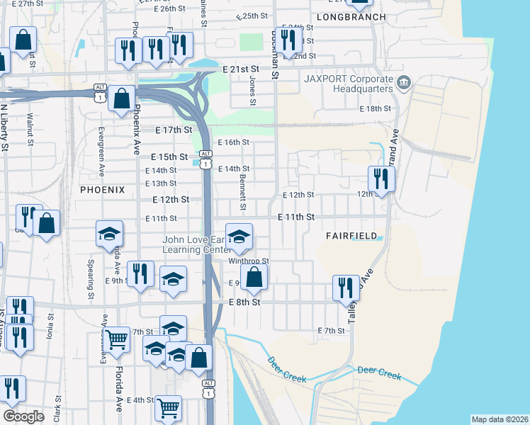 map of restaurants, bars, coffee shops, grocery stores, and more near 1644 East 11th Street in Jacksonville