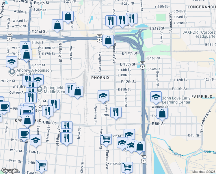 map of restaurants, bars, coffee shops, grocery stores, and more near 1050 East 11th Street in Jacksonville