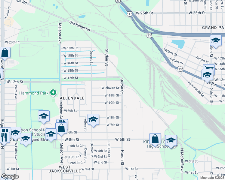 map of restaurants, bars, coffee shops, grocery stores, and more near 2857 West 11th Street in Jacksonville