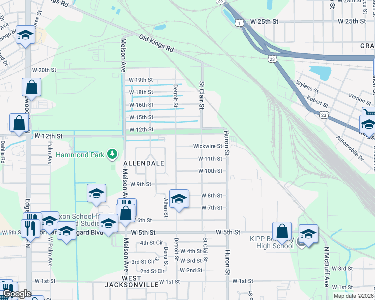 map of restaurants, bars, coffee shops, grocery stores, and more near 2929 West 11th Street in Jacksonville
