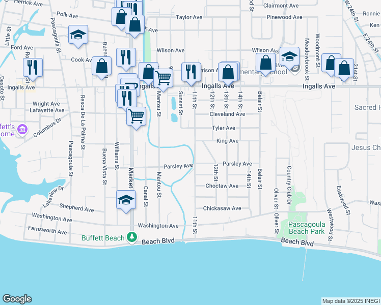 map of restaurants, bars, coffee shops, grocery stores, and more near 1919 Parsley Avenue in Pascagoula