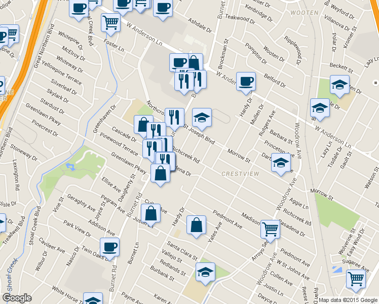 map of restaurants, bars, coffee shops, grocery stores, and more near 2109 Richcreek Road in Austin