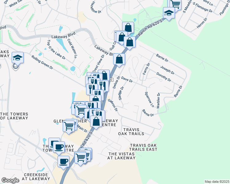 map of restaurants, bars, coffee shops, grocery stores, and more near 1310 Sledge Drive in Austin