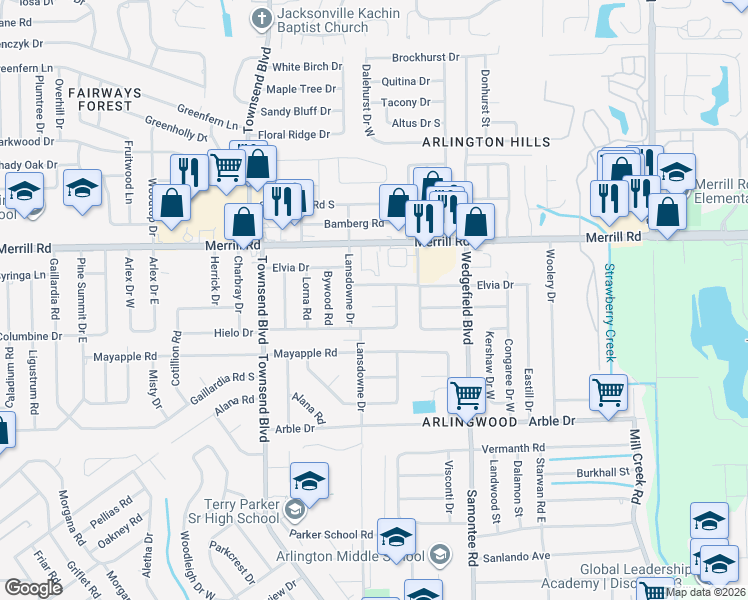 map of restaurants, bars, coffee shops, grocery stores, and more near 7420 Rentz Court in Jacksonville