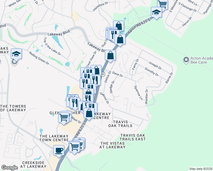 map of restaurants, bars, coffee shops, grocery stores, and more near 1305 Delsie Drive in Lakeway